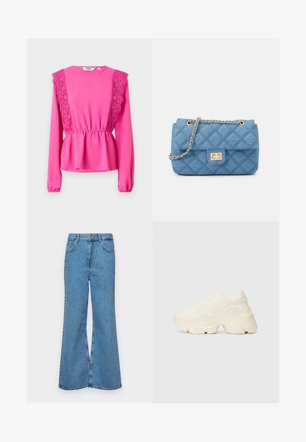 Fuchsia long-sleeve top with lace detailing on shoulders, gathered waist, and textured fabric. Round neckline with elastic cuffs.; Light blue flared jeans made of denim, featuring a high waist, five pockets, and a single button closure. Soft texture with faded finish.; Chunky white sneakers made of textured mesh and synthetic materials, featuring a thick sole and intricate pattern details along the sides.; ONLY ONLFLORENCE CROSSBODY BAG - Cross body bag - blue denim/gold