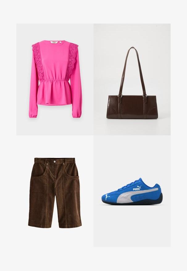 Fuksija majica dugih rukava s čipkastim detaljima na ramenima, naboranim strukom i teksturiranim materijalom. Okrugli izrez s elastičnim manžetama.; Smeđe somotske kratke hlače s teksturiranim vertikalnim prugastim uzorkom, dva prednja džepa i dugmadi na struku.; Plave atletske cipele s gornjim dijelom od antilopa, s bijelim bočnim panelom i crnom gumenenom potplatom. Uključuju uzdignuti PUMA logo sa strane.; Smeđa lakirana kožna torba u pravokutnom obliku, s dvije duge ručke i suptilnim zakrivljenim detaljima na prednjoj strani.
