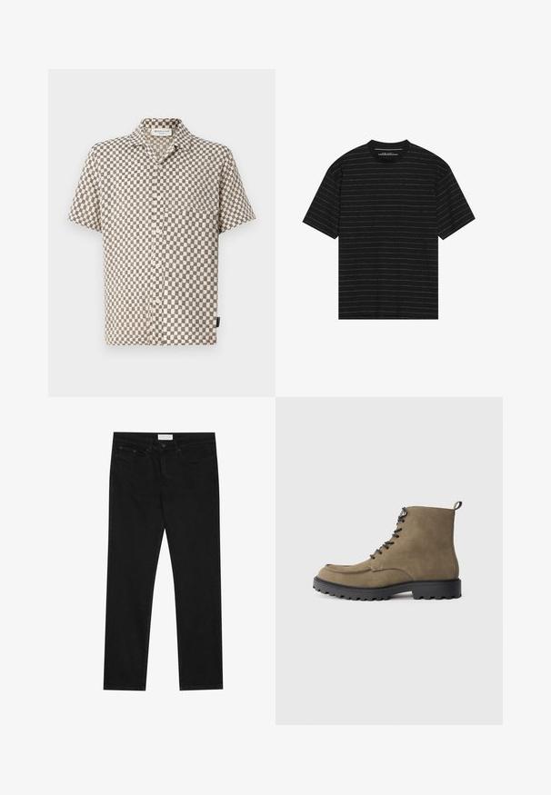 Camisa de botones de manga corta con un patrón de tablero de ajedrez en beige y negro, confeccionada en una tela texturizada y con un bolsillo en el pecho.; Camiseta negra de manga corta con finas rayas horizontales blancas. Confeccionada en una tela suave, cuenta con un cuello redondo y un corte relajado.; Jeans negros de pierna recta con diseño de cinco bolsillos, cierre de botón y cremallera, y etiqueta de la marca Pier One en la cinturilla.; Bota de ante marrón con suela de goma negra, punta redondeada, cordones en la parte delantera y costuras en contraste. Presenta un lazo en el talón para facilitar su colocación.