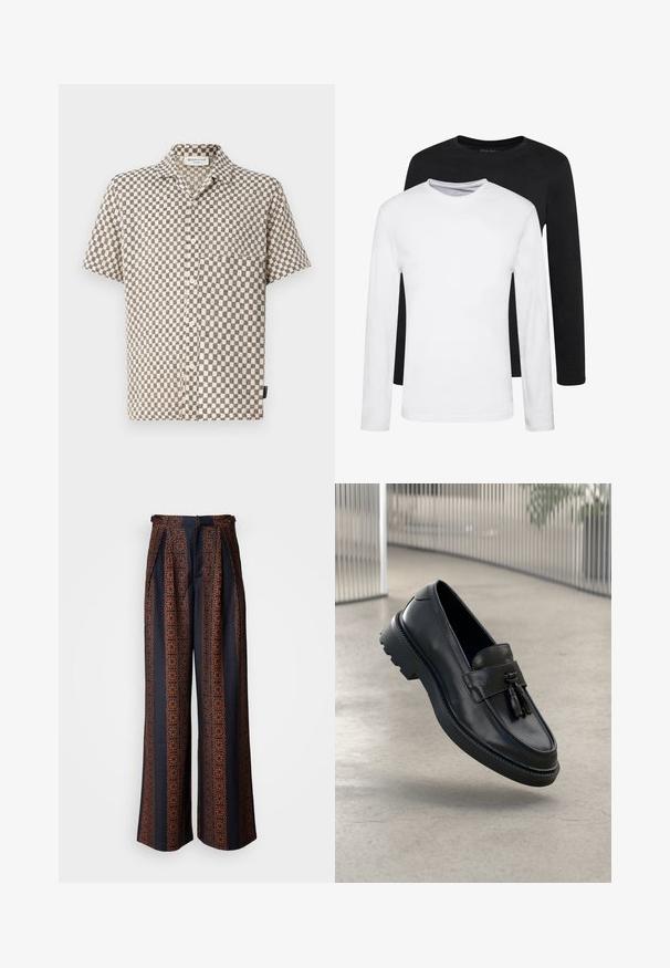 Košile s krátkým rukávem a knoflíky, zdobená béžovým a černým kostkovaným vzorem, vyrobená z texturované látky s náprsní kapsou.; Dvoje dlouhých rukávů, jedno černé a jedno bílé, vyrobené z bavlny s kulatým výstřihem a hladkou texturou, vystavené ve srovnaném uspořádání.; Široké kalhoty z tmavě modré tkaniny s jemným oranžovým geometrickým vzorem, s sklady vpředu a přiléhavým pasem.; Černé kožené mokasíny s hladkým povrchem, dekorativní střapec, silná gumová podrážka a prošité detaily. Lehký a elegantní design.