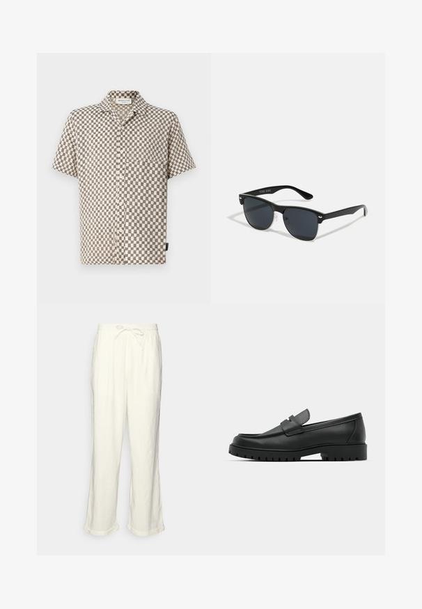 Lühikeste varrukatega nööpidega särgil on beež ja must ruuduline muster, see on valmistatud tekstuuriga kangast ja sisaldab rinna-taskut.; Lina püksid tühjas valges, millel on paelaga vöökoht, veidi laiemad sääred ja keeratud varrud mugavaks istumiseks. Taskud puuduvad.; Mustad musta nahast loafers, millel on ümar varvas, tikandiga disain, madal platvorm-soon ja tekstureeritud, soonikkummist välistald.; Mustad mustmikrooni kujuga mustad prillid, tumedate klaasidega, hõbedased detailid templite juures ja mati viimistlusega raam.