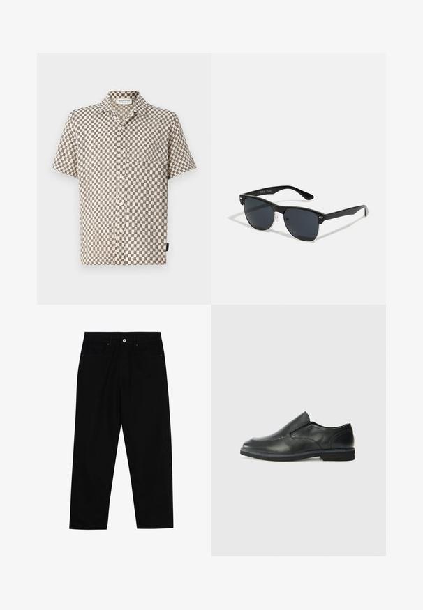 Īsām piedurknēm krekls ar pogām, kas rakstīts ar bēša un melnu šaha laukumu rakstu, izgatavots no teksturēta auduma ar krūšu kabatu.; Melni džinsi ar taisnu kāju griezumu, piecu kabatu dizainu un priekšēju pogu aizdari. Gluda tekstūra ar minimālu šuvju detaļu skaitu.; Melnas ādas slip-on kurpes ar gludu augšdaļu, izšūtām akcentiem, noapaļotu purngala daļu un zemu gumijas papēdi. Zole ar minimālu rakstu.; Melnas saulesbrilles ar taisnstūra formu, tumšiem stenģiem, sudraba akcentiem pie tempļiem un matētu apdari uz rāmja.