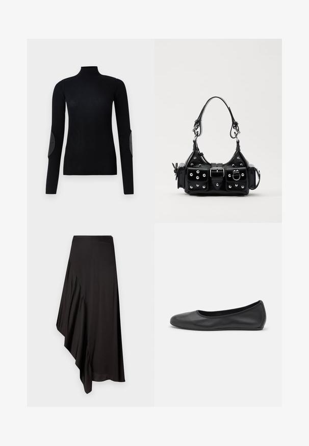 Czarny sweter z golfem o prążkowanej fakturze, z długimi rękawami i skórzanymi łatami na łokciach, charakteryzujący się dopasowanym krojem i gładką teksturą.; AERON ASTER czarny; Czarne skórzane baletki z zaokrąglonym noskiem, gładką fakturą, minimalnymi przeszyciami i elastycznym designem podeszwy.; Czarna skórzana torebka w zakrzywionym kształcie, z srebrnymi ćwiekami, klamrą i dwoma bocznymi kieszeniami. Regulowany pasek umożliwiający różne opcje noszenia.