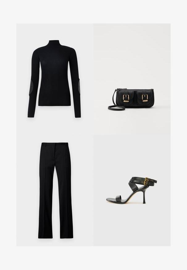 Fekete bordás garbó pulóver hosszú ujjakkal és bőr könyök foltokkal, testhez álló kialakítással és sima textúrával.; Fekete, sima anyagú, egyenes szárú nadrág, lapos elülső résszel, övhurkokkal, és látható zsebek vagy díszítések nélkül.; Fekete magassarkú szandál keresztpántos dizájnnal és állítható csattal. Simább felülettel és hegyes tűsarkúval rendelkezik.; Fekete bőr keresztbody táska két elülső zsebbel, arany csattokkal, cipzáras záródással és vékony pánttal. Textúrált felület és kompakt téglalap alak.