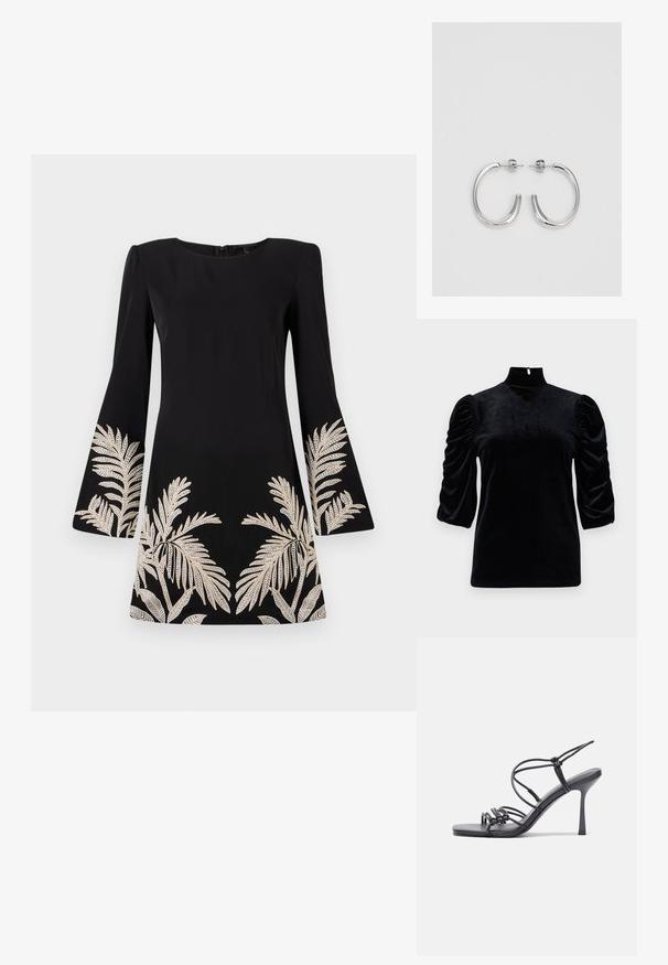 Top in velluto nero con colletto alto, maniche a sbuffo corte e dettaglio a occhiello sul retro. Texture liscia con una silhouette aderente.; Abito nero con maniche a campana, caratterizzato da disegni di foglie di palma ricamati in oro lungo l'orlo e le maniche. Realizzato in tessuto liscio.; Sandali neri con tacco alto presentano sottili cinturini con design annodato, una punta quadrata liscia e un elegante tacco a spillo.; Borsa a mano metallica grigia chiara con tracolla a catena, impreziosita da piccoli chiodi metallici circolari e da un logo triangolare del marchio.; Orecchini a cerchio in argento con una finitura liscia e lucente. Forma arrotondata, design leggero, con chiusura a perno.