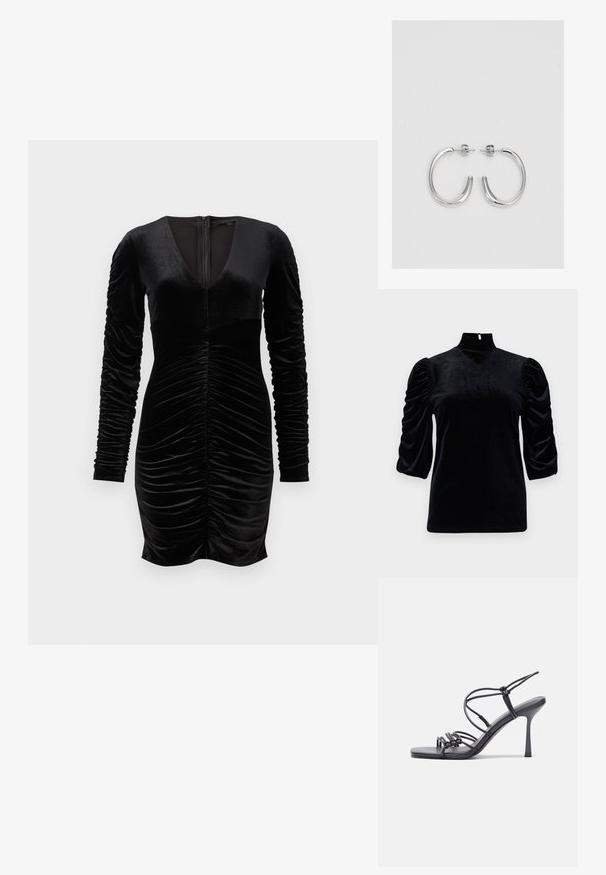 Melna zīda blūze ar augstu apkakli, īsām pūkainām piedurknēm un atslēgas caurumu aizmugurē. Gluda tekstūra ar pieguļošu siluetu.; Melna samta kleita ar garām pūkainām piedurknēm, dziļu V veida kakla izgriezumu un krokām priekšpusē. Aizmugurējā daļā ir rāvējslēdzējs. Gluda tekstūra.; Melnas augstpapēžu sandales ar plāniem siksniņām un mezgla dizainu, gluda kvadrātveida purngalu un elegantu stiletto papēdi.; Gaiši pelēka metāla rokassoma ar ķēdes siksnu, rotāta ar mazām apaļām metāla kniedēm un trīsstūra zīmola logo.; Sudraba riņķveida auskari ar gludu, spīdīgu apdari. Apaļas formas, viegla dizaina, ar aizdari uz stieples.