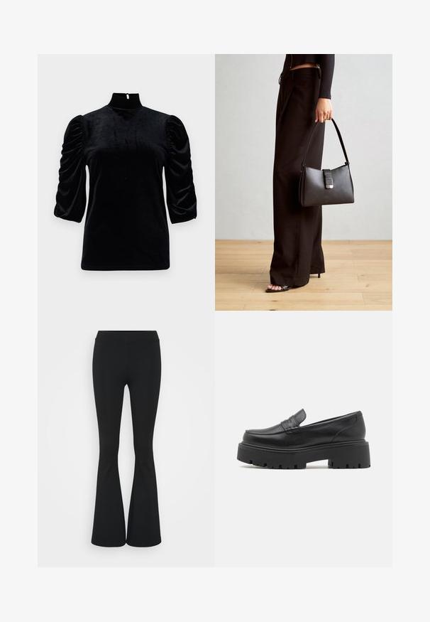 Sort fløjlstop med høj krave, korte puffærmer og en nøglehuldetaille bagpå. Glat tekstur med en tætsiddende silhuet.; Sort langærmet skjorte lavet af ribbet stof. Har en rund halsudskæring og tætsiddende silhuet. Enkelt design uden mønstre eller accenter.; Sorte flagrende bukser lavet af strækbart stof, med en høj talje og en glat tekstur. Bukserne flared fra knæet.; Sorte læder loafers med en lav, grov gummi sål, syede detaljer på overdelen og en glat overflade.; Sort håndtaske med struktureret form, glat overflade og metalspænde. Sammen med brede sorte bukser og sandaler med åben tå på trægulv.