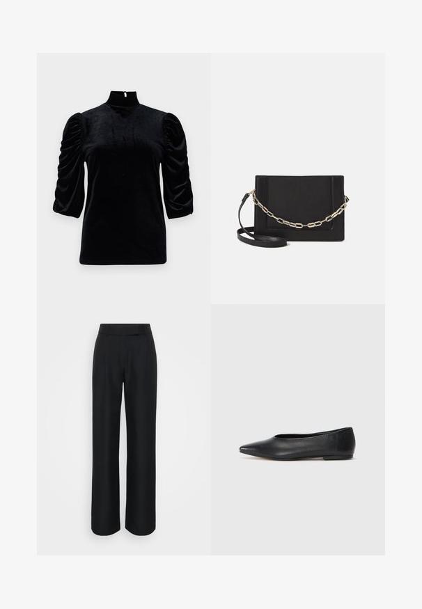 Mustakurkkuinen samettitoppi, jossa on korkea kaulus, lyhyet puffihihat ja avotakaosa. Sileä pinta ja istuva leikkuu.; Mustat leveälahkeiset housut, jotka on valmistettu sileästä kankaasta. Housuissa on korkea vyötärö ja hienovaraiset etupleatsit; ei näkyviä kuvioita tai varusteita.; Musta nahkainen ballerinatyyppinen kenkä, terävä kärki, minimalinen muotoilu, sileä pinta, matala korko, ei näkyvää metalliosaa tai koristeita.; Musta nahkainen olkalaukku, jossa on sileä pinta, suorakulmainen muoto ja metalliketju yksityiskohtana edessä. Mukana säädettävä hihna.