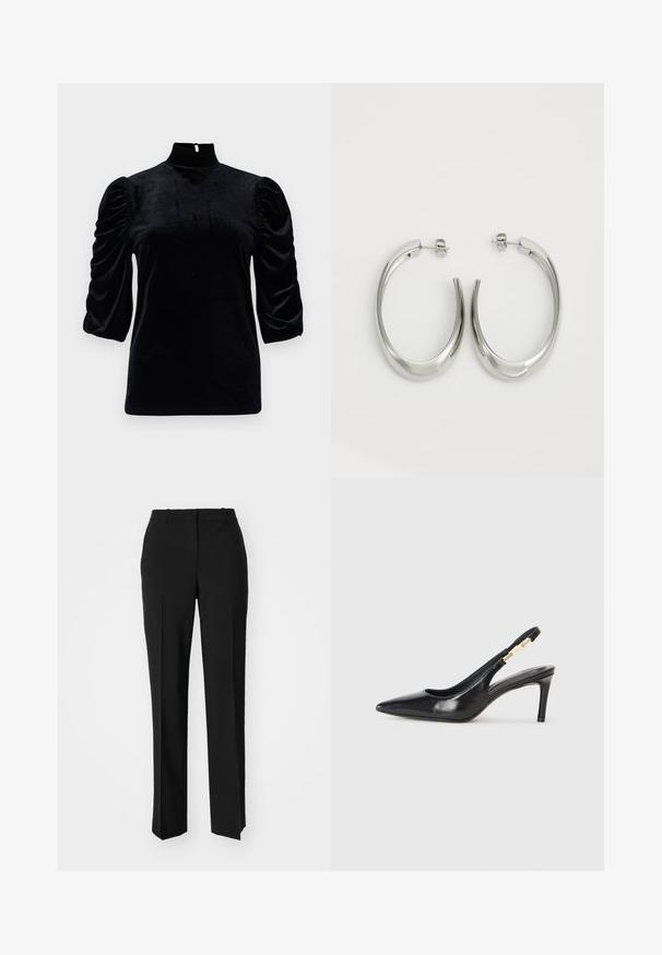 Schwarzes Samtoberteil mit hohem Kragen, kurzen Puffärmeln und einem Schlüssellochdetail auf der Rückseite. Glatte Textur mit einer figurbetonten Silhouette.; Schwarze, taillierte Hose mit geradem Bein, aus einem glatten Stoff und mit klaren Falten an der Vorderseite. Keine sichtbare Hardware.; Schwarzer Leder-Slingback-High-Heel-Schuh mit spitzem Zeh, glatter Textur und schmalem Knöchelriemen, der mit goldenen Hardware-Akzenten verziert ist.; Silberne Creolen mit einem glatten, geschwungenen Design. Mit einem glänzenden metallischen Finish und Steckverschluss. Keine sichtbaren Muster oder Akzente.