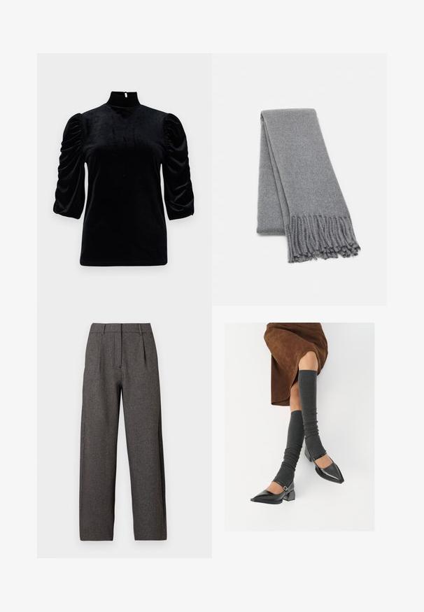 Top de terciopelo negro con un cuello alto, mangas cortas abullonadas y un detalle de ojal en la parte posterior. Textura suave con una silueta ajustada.; Pantalones de talle alto de pierna ancha en gris oscuro, con trabillas para cinturón, plisados frontales y cierre oculto con cremallera en la parte delantera.; Zapatos de charol negros con punta afilada, tacón bloque y tira de tobillo, combinados con calentadores de piernas de canalé grises y una falda de ante marrón.; Bufanda de lana gris con una textura suave, que presenta bordes con flecos y un diseño sencillo. Doblada de manera ordenada, mostrando su forma alargada.