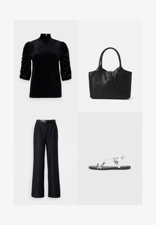 Zwarte fluwelen top met een hoge kraag, korte pofmouwen en een sleutelgatdetail aan de achterkant. Gladde textuur met een aansluitende silhoet.; Zwarte wijde broek van gladde stof, met voorplooien en een bijpassende zwarte riem met een zilveren gesp.; Zilveren metallic sandalen met een minimalistisch ontwerp, met dunne banden en een zwarte platte zool. Kenmerken zijn de kruisbandsaccenten.; Zwarte leren tote bag met een gladde textuur, gestructureerde vorm, twee handvatten en een opvallend zilveren sluitingdetail aan de voorkant.