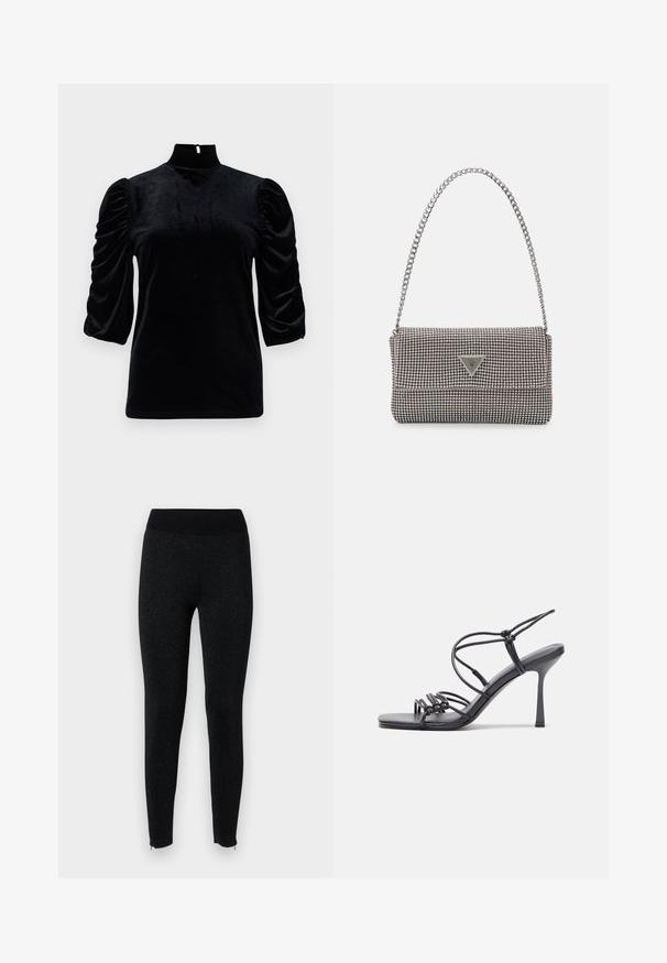 Must musta kõrge kaelusega, lühikeste puffvarrukatega ja seljaosa võtmeaugu detailiga. Sile tekstuur ja kehakujuline lõige.; Mustad mustad, ribiga vöökoha külge, valmistatud tekstuuriga kangast, millel on õrn metalliline sära, ja millel on lukud pahkluude servades.; Mustad musta värvi kontsandaalid on varustatud peente rihmadega, millel on sõlmekujundus, siledad ruudukujulised varbad ja stiilne stilettokonts.; Helehall metallik handbags, millel on kett, kaunistatud väikeste ümmarguste metallist õmblustega ja kolmnurkse brändi logoga.; Hõbedased rõngaskõrvarõngad, millel on sile ja läikiv pind. Ümar kuju, kerge disain, millel on post-tagumise kinnituse süsteem.