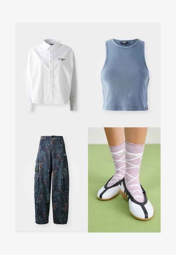 Valge pikkade varrukatega särk, millel on vertikaalsed hallid triibud, nööbid allapoole kaeluses ja vasakul rinnal logo. Pehme kangas ja mugav lõige.; Heledsinine ribakujuline lühike top ümmarguse kaelusega ja ilma varrukateta. Sile tekstuur ja väike logo detail allservas.; Tumed roheline ja pruun kamuflaažiga cargo püksid, millel on mitmed taskud ja lahtine lõige, valmistatud kergest ja vastupidavast kangast.; Valged lamedad jalanõud musta ääre ja tallaga, koos heledate lillade soonikatega sokkidega, millel on valged ristvõrgud. Taustal roheline värv.