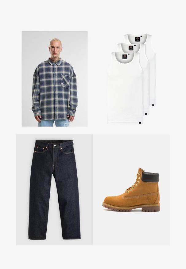 Cămașă din flanel cu un model în carouri albastre și bej, având un design cu nasturi, detaliu cu buzunar și mâneci lungi. Material moale, cu textură.; Trei maieuri albe ribbate din bumbac. Au un guler rotund și etichete negre mici lângă tiv. Disponibile în mai multe mărimi.; Jeans de denim albastru închis, cu croială dreaptă, cinci buzunare, cusături contrastante de portocaliu și fermoar cu buton. Fără modele sau embellishments vizibile.; Cizmă de gleznă din întoarsă de culoare bej, cu guler negru căptușit, ochiuri din metal auriu, detalii de cusătură albă și talpă din cauciuc robustă, cu un model pronunțat.