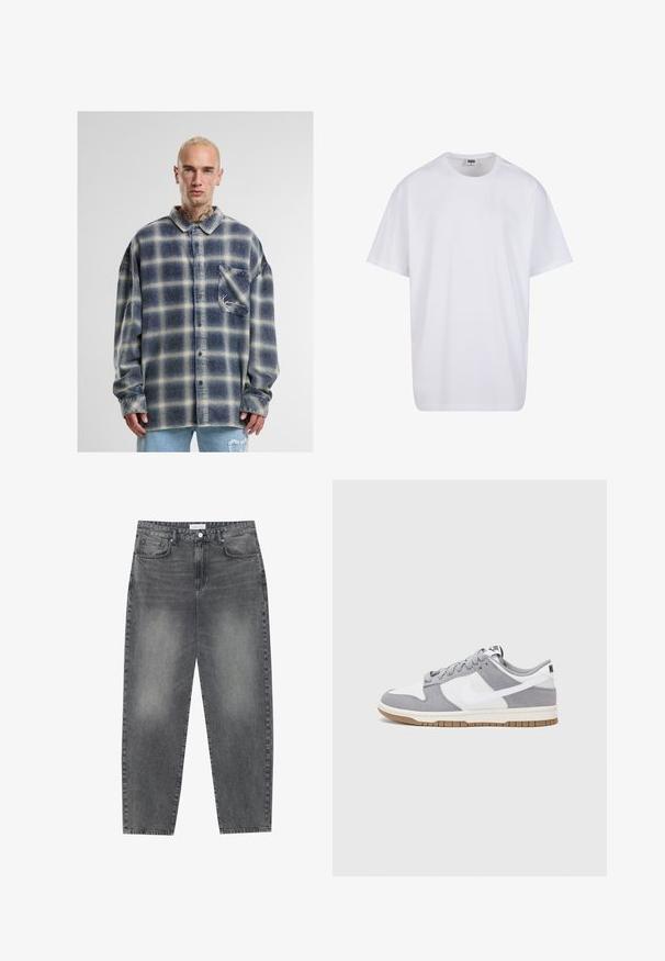 Flanellskjorte med et blått og beige rutemønster, med knappestolpe, lomme og lange ermer. Myk, teksturert stoff.; Hvit bomull t-skjorte med korte ermer, rund utringning, avslappet passform, og ingen synlige logoer eller mønstre. Glatt tekstur og minimalistisk design.; Høyt liv, løstsittende jeans i falmet svart denim. Har fem lommer, beltehemper og et rent, rett ben-design.; Grå og hvite sneakers med overdel i semsket skinn og lær, rund tå, flate lisser, og gummisåle med gummibelegg.