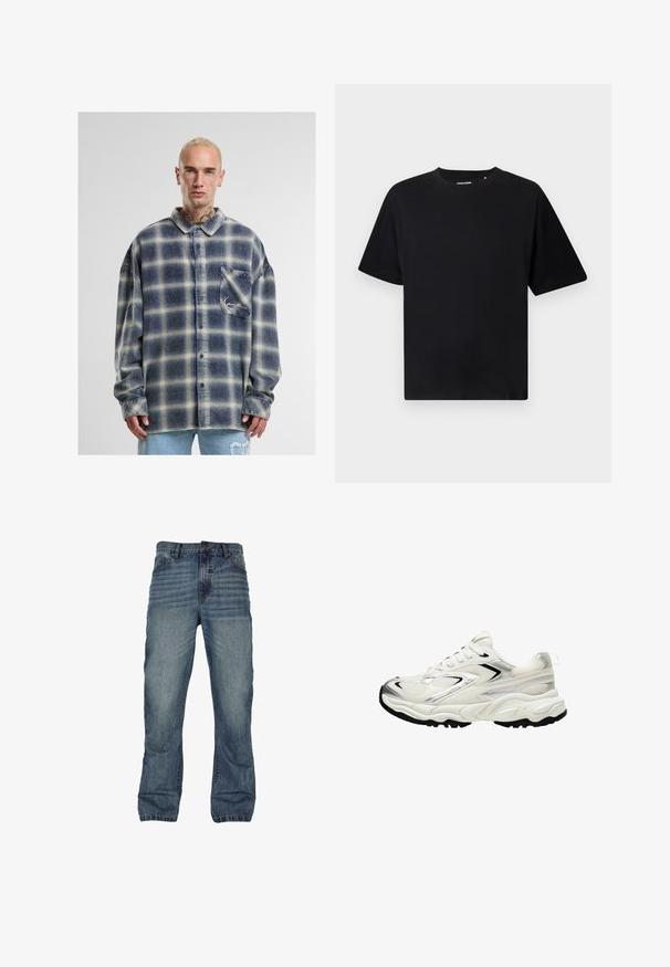 Kék és bézs kockás flaneling, gombos kialakítással, zsebbel és hosszú ujjakkal. Puha, texturált anyag.; Fekete, rövid ujjú, kerek nyakú póló, laza szabással, fehér háttér előtt bemutatva.; Középkék farmernadrág, kopott hatással, egyenes lábbel, öt zsebbel és kontrasztos varrással.; Fehér sneaker hálós felsőrésszel, ezüst kiegészítőkkel, fekete talppal és textúrázott panelek nélkül. Fűzhető kialakítással és kerek orral rendelkezik.