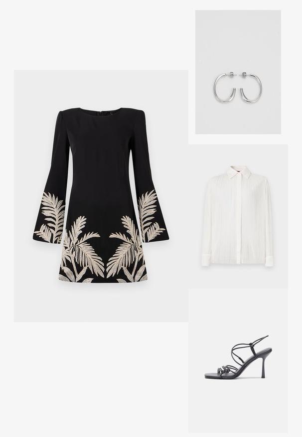 Valge voltidega särk klassikalise krae, pikade varrukate ja nööbiga kinnitusega, pehme tekstuuri ja delikaatse sära korral.; Mustas kleit laienevate varukatega, mille äärtes ja varukatel on kuldsete palmilehe tikanditega mustrid. Valmistatud siledast kangast.; Mustad musta värvi kontsandaalid on varustatud peente rihmadega, millel on sõlmekujundus, siledad ruudukujulised varbad ja stiilne stilettokonts.; Helehall metallik handbags, millel on kett, kaunistatud väikeste ümmarguste metallist õmblustega ja kolmnurkse brändi logoga.; Hõbedased rõngaskõrvarõngad, millel on sile ja läikiv pind. Ümar kuju, kerge disain, millel on post-tagumise kinnituse süsteem.