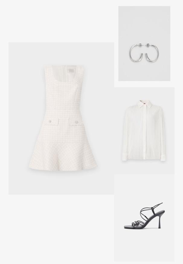 Balta plisētā krekls ar klasisko apkakli, garām piedurknēm un pogu aizdari, ar mīkstu tekstūru un maigu spīdumu.; Balts tweed kleita ar izsistām svārkiem, apaļu izgriezumu un divām priekšējām kabatām, kuras izceļ apaļie pogas. Tekstūrēts, strukturēts dizains.; Melnas augstpapēžu sandales ar plāniem siksniņām un mezgla dizainu, gluda kvadrātveida purngalu un elegantu stiletto papēdi.; Gaiši pelēka metāla rokassoma ar ķēdes siksnu, rotāta ar mazām apaļām metāla kniedēm un trīsstūra zīmola logo.; Sudraba riņķveida auskari ar gludu, spīdīgu apdari. Apaļas formas, viegla dizaina, ar aizdari uz stieples.
