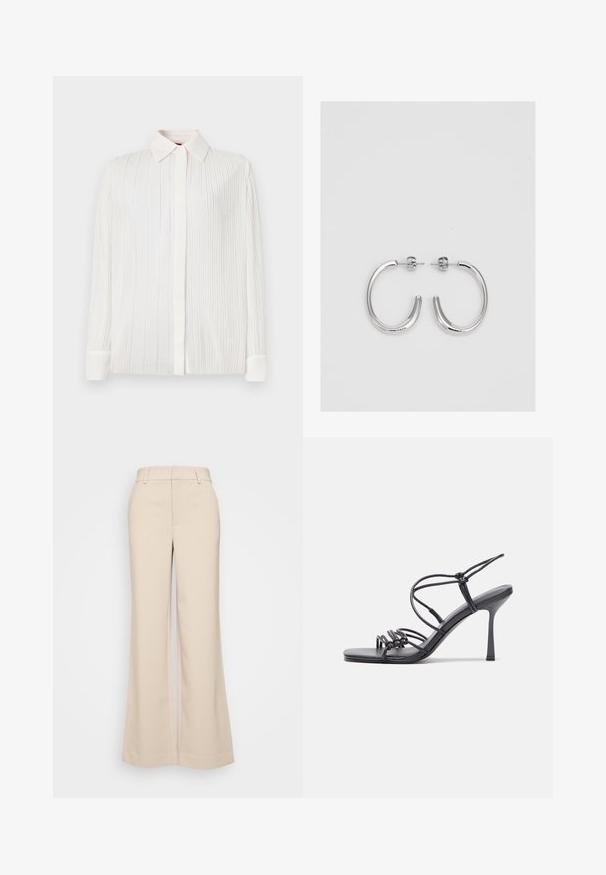 White pleated shirt with a classic collar, long sleeves, and button closure, featuring soft texture and subtle sheen.; Beige wide-leg trousers with a smooth texture, featuring a high waistband and two front pockets. Clean design with a tailored fit.; Black high-heeled sandals feature thin straps with a knotted design, a smooth square toe, and a sleek stiletto heel.; Silver hoop earrings with a smooth, shiny finish. Rounded shape, lightweight design, featuring a post-back closure.