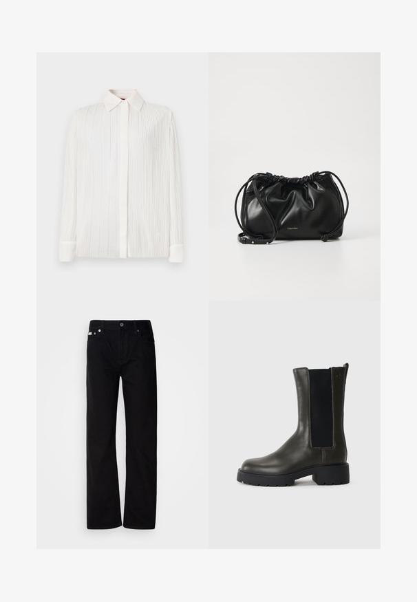 Biela plisovaná košeľa s klasickým golierom, dlhými rukávmi a zapínaním na gombíky, s jemnou textúrou a subtilným leskom.; Čierne rovné džínsy s piatimi vreckami, striebornými nitmi a zapínaním na gombík. Tkanina má hladký, jemne textúrovaný povrch.; Zelená kožená členková topánka s elastickými bočnými panelmi, okrúhlou špičkou a gumovou podrážkou. Obsahuje textúrovaný povrch a blokový podpätok.; Čierna kožená kabelka so zberaným dizajnom, dvojitým sťahovacím uzáverom a odnímateľným ramenným popruhom. Obsahuje kovový detail loga.