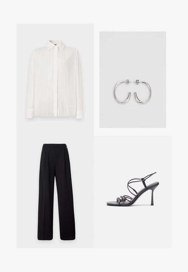 White pleated shirt with a classic collar, long sleeves, and button closure, featuring soft texture and subtle sheen.; Black wide-leg trousers made from a smooth fabric, featuring a plain design and elastic waistband, with no visible patterns or accents.; Black high-heeled sandals feature thin straps with a knotted design, a smooth square toe, and a sleek stiletto heel.; Silver hoop earrings with a smooth, shiny finish. Rounded shape, lightweight design, featuring a post-back closure.