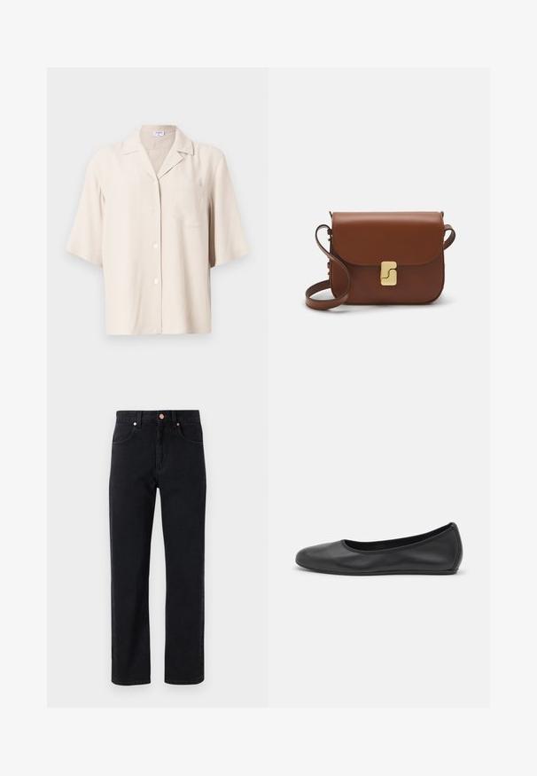 Short-sleeve beige shirt made of textured fabric, featuring a notched collar, front pocket, and five button closure.; Black denim jeans with a straight-leg cut, five-pocket design, copper button details, and minimal stitching visible.; Black leather ballet flat with a rounded toe, smooth texture, minimal stitching detail, and a flexible sole design.; Brown leather handbag with a flap closure, gold-tone hardware, a shoulder strap, and a smooth texture. Compact rectangular shape.