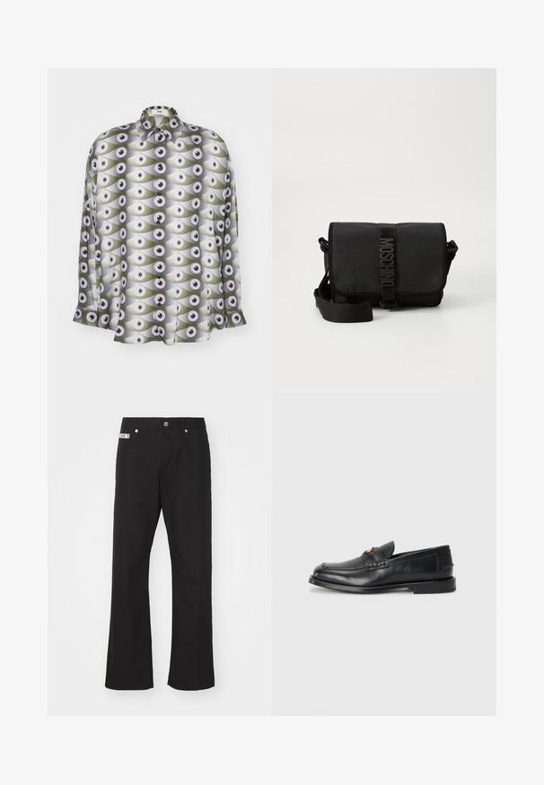 Langarmhemd aus leichtem Stoff, mit einem sich wiederholenden Muster aus Augen in Grün- und Grautönen, ergänzt durch schwarze Akzente und Knöpfe.; Schwarze Baumwollhose mit geradem Bein, mit einem Frontknopfverschluss, zwei seitlichen Taschen und einem kleinen Markenetikett am Bund.; Schwarze Lederloafers mit runder Zehenform, genähten Details und einem kleinen goldenen Akzent an der Vorderseite. Die Sohle ist flach und unauffällig.; Schwarze Nylon-Crossbody-Tasche mit Klappe, ausgestattet mit einem auffälligen Logo-Gurtverschluss, verstellbarem Tragegurt und seitlichen Steppnähten.