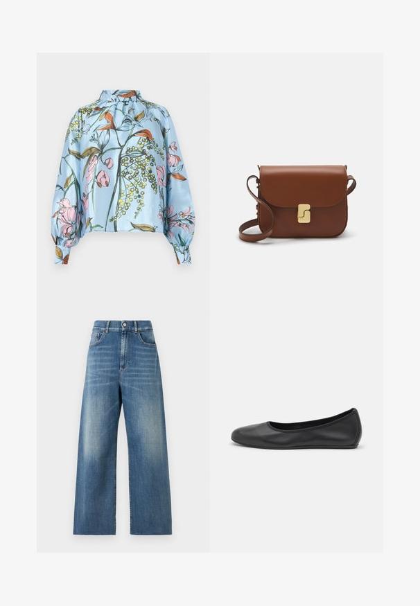 Blusa de cetim azul claro com padrão floral em tons de rosa e laranja, colarinho alto e mangas bufantes com punhos franzidos.; Jeans de cintura alta e perna larga feitos de denim azul com um acabamento desbotado. Apresenta bolsos frontais e um fecho de botão único.; Bailarina preta em pele com bico arredondado, textura suave, detalhe de costura minimalista e design de sola flexível.; Bolsa de couro castanho com fecho de aba, decoração em tom dourado, alça de ombro e textura suave. Formato retangular compacto.