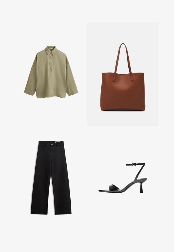 Svijetlo maslinasto zelena košulja dugih rukava od teksturiranog materijala. Ima ovratnik s gumbima i blago prevelik, opušteni kroj.; Crne široke traperice s visokim strukom, s prednjim i stražnjim džepovima, šivenim šavovima i kopčanjem na gumb. Glatka tekstura.; Bershka Sandale s visokom petom - black; Smeđa kožna torba preko ramena s glatkom teksturom, otvorenim vrhom i dvjema naramenicama. Ima minimalne šavove i nema vidljivog hardvera.