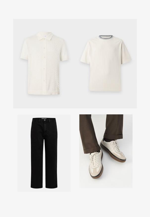 Polo tričko s krátkym rukávom v krémovej farbe, ktoré má textúrovaný vzor, zapínanie na gombíky a klasický golier.; Krémové bavlnené tričko s krátkymi rukávmi, s okrúhlym výstrihom doplneným námorníckymi a bielymi pruhmi. Hladká textúra, voľný strih.; Čierne džínsové nohavice so strihom rovného nohu, klasickým dizajnom s piatimi vreckami a gombíkovým zapínaním v páse. Hladká textúra a odolná tkanina.; Béžové tenisky s textúrovanou zamšovou prednou časťou, hladkými koženými bočnými stranami a hnusou gumovou podrážkou. Obsahujú šnúrky a svetlé stehy ako detail.