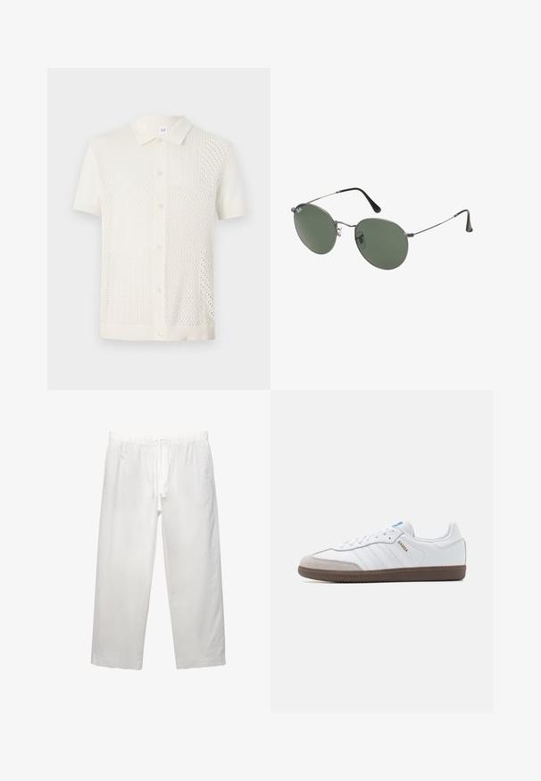 Polo tričko s krátkym rukávom v krémovej farbe, ktoré má textúrovaný vzor, zapínanie na gombíky a klasický golier.; Biele bavlnené tričko s krátkymi rukávmi, okrúhlym výstrihom a voľným strihom. Hladká textura bez viditeľných vzorov alebo akcentov.; Biele ľanové nohavice s elastickým pásom a šnúrkou, širokým strihom a čistými švami. Hladká textúra s ležérnym strihom.; Biele kožené tenisky s šedou semišovou špičkou, tromi horizontálnymi bielymi pruhmi, modrým akcentom a hnedou gumovou podrážkou. Textúrovaný detail na podrážke.; Sunglass s metalovým rámom s oválnymi zelenými šošovkami. Tenký strieborný kovový rám a čierne štuple za uši. Minimalistický dizajn, bez viditeľných log.