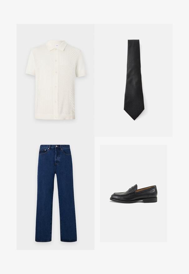 Korte mouw, crèmekleurige gebreide polo met een gestructureerd, patroonontwerp, knoopsluiting en een klassieke kraag.; Donkerblauwe denim jeans met een rechte pijp, voorzien van oranje stiksels, een knoopsluiting en twee voorkantzakken met contrasterende klinknagels.; Zwarte leren loafers met een gladde afwerking, ronde neus en decoratieve stiksels op de wreef. Lage gestapelde hak en een lichte glans.; Zwart strik met een gestructureerd patroon, tapers naar een puntige uiteinde. Gemaakt van een gladde stof, met een subtiel ontwerp. Afmetingen lijken standaard te zijn.