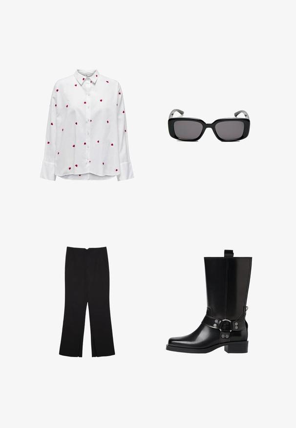 Biela košeľa s dlhými rukávmi a klasickým golierom, na ktorej sú roztrúsené výšivky červeného srdca. Zapínanie na gombíky vpredu a manžety na rukávoch.; Čierne nohavice so strihom rovného strihu, s prednými vreckami a bočnými rozparkami na leme. Vyrobené z mäkkej, hladkej tkaniny. Vhodné na rôzne príležitosti.; Čierne kožené čižmy po kolená s špicatou špičkou, striebornými prackami a robustným podpätkom. Obsahujú pútko pre jednoduché obúvanie.; Čierne obdĺžnikové slnečné okuliare s tmavými sklami, hladkým plastovým rámom a zakrivenými stranami. Dizajn je robustný s minimalistickou estetikou.