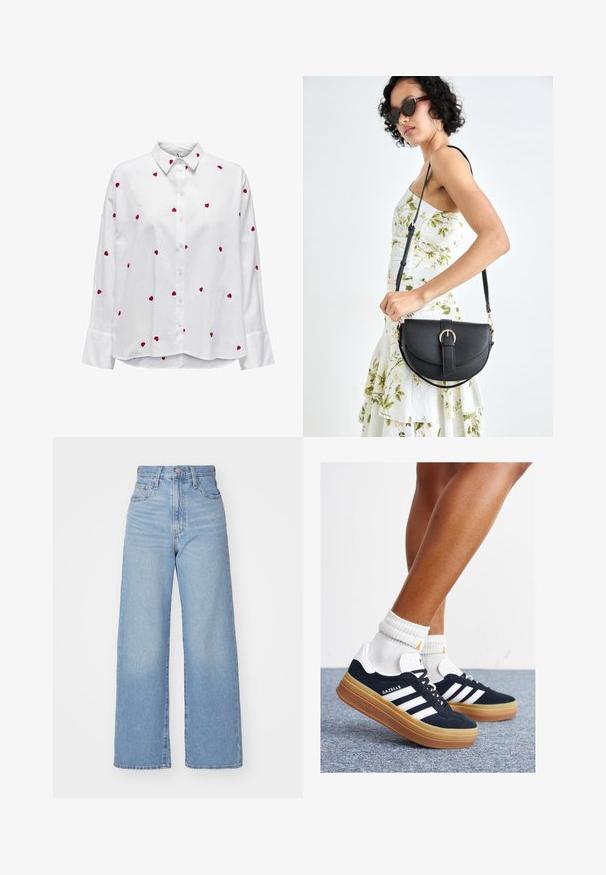 Camisa blanca de manga larga y cuello clásico, con bordados de corazones rojos dispersos por la tela. Frente con botones y mangas con puños.; Jeans de tiro alto y pernera ancha en azul claro, con cierre frontal de botón y cremallera, y bolsillos delantero y trasero, sobre un fondo blanco.; Zapatillas deportivas de gamuza negra con rayas y detalles blancos, puntera redondeada, suela de goma color caramelo, combinadas con calcetines blancos acanalados a la altura del tobillo.; Bolso de piel negra con forma curva, correa desmontable y herrajes dorados. El bolso cuenta con una solapa con un detalle de hebilla.