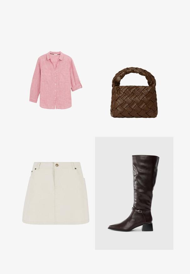 Röd rutigt långärmad skjorta med button-down-krage, två framfickor och uppvikta ärmar, tillverkad av lättviktsmaterial.; Denimminikjol i ljusbeige med hög midja, två framfickor och bronsfärgade knappdetaljer. Slät textur och enkel design.; Hög, mörkbrun läderboot med spetsig tå, liten spännestraps runt vristen och låg blockklack på vit bakgrund.; Brun flätad läderhandväska med ett flätat handtag, rektangulär form, strukturerad yta och sömlös konstruktion.