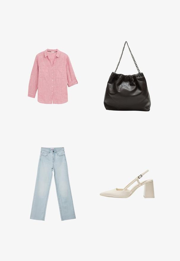 Red plaid long-sleeve shirt with a button-down collar, two front pockets, and rolled sleeves, made from lightweight fabric.; Light blue wide-leg jeans made of denim. Features five pockets, a button fly, and faded detailing. Classic straight cut with a loose fit.; Beige slingback shoes with a pointed toe, glossy patent finish, mid-block heel, and adjustable strap. Minimalist design with open sides.; Brown leather bag with a gathered top and a chain strap. Smooth texture with a glossy finish and subtle seam detailing on the sides.