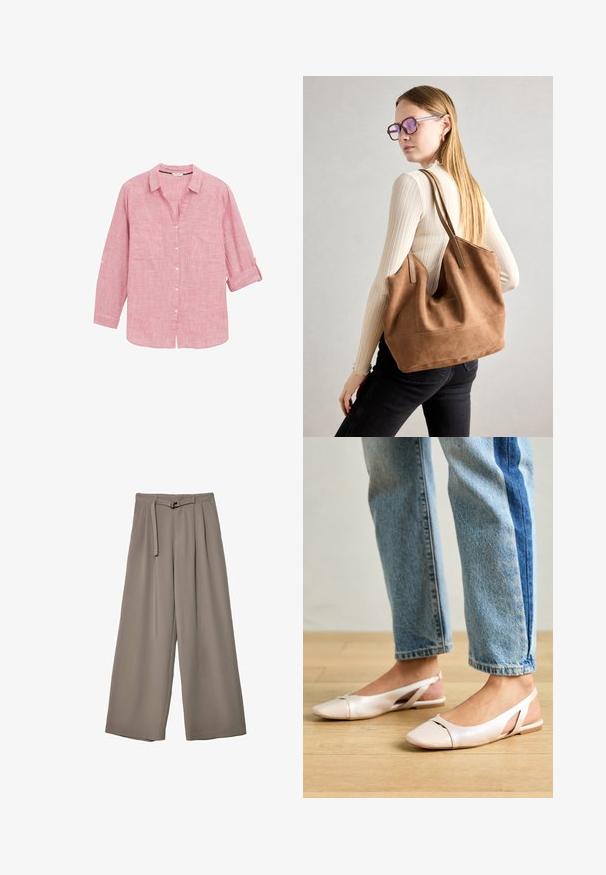Red plaid long-sleeve shirt with a button-down collar, two front pockets, and rolled sleeves, made from lightweight fabric.; Wide-leg trousers in a soft, muted grey fabric, featuring a belted waist and pleats for added design detail. Smooth texture, no patterns.; Pale pink slingback flats with a pointed toe, made from a smooth leather-like material. Features cut-out details at the sides and a flat heel.; Brown suede tote bag with soft texture, large opening, and long straps. Features a simple design with visible stitching and no hardware.