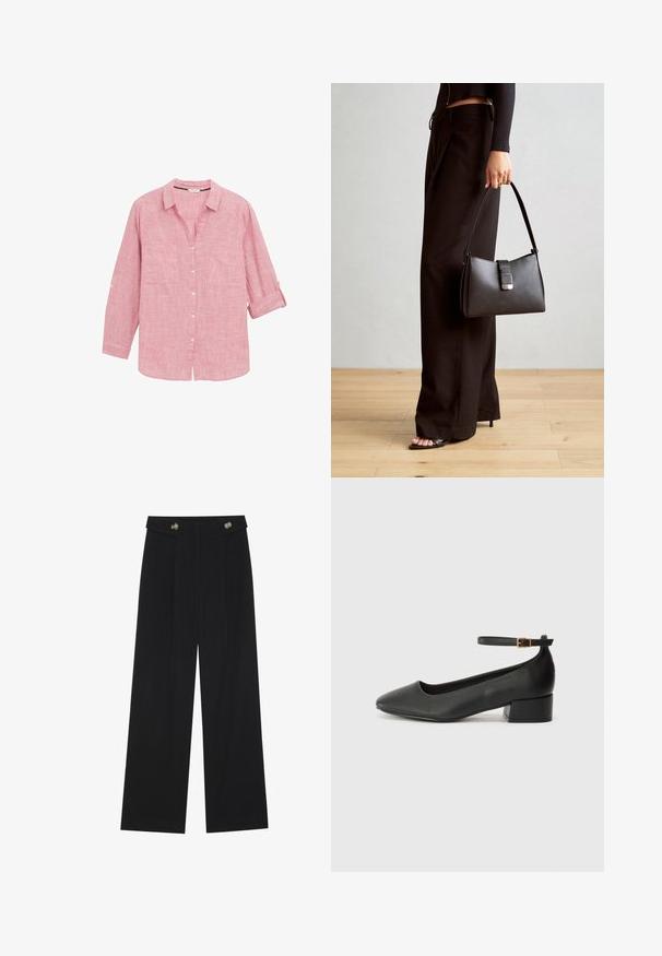 Rot mit Karomuster, langärmliges Hemd mit Button-Down-Kragen, zwei Vorderaschen und hochgerollten Ärmeln, aus leichtem Stoff gefertigt.; Schwarze weite Hosen mit hoher Taille, Knopfdetails am Bund und vorderen Falten.; Schwarze Lederpumps mit spitzem Zehenbereich und niedrigem Blockabsatz. Mit einem Knöchelriemen und einer goldfarbenen Schnalle. Glatte Textur.; Schwarze Handtasche mit strukturierter Form, glatter Textur und einem metallischen Verschluss. Kombiniert mit weiten schwarzen Hosen und offenen Sandalen auf einem Holzboden.