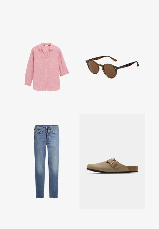 Chemise à manches longues en tartan rouge avec un col boutonné, deux poches avant et des manches retroussées, fabriquée en tissu léger.; Jean en denim bleu clair avec une coupe slim, design à cinq poches, fermeture à bouton et détails de décoloration sur les jambes. Accents de couture classique.; Sabots beiges avec un bout arrondi, accent en boucle ajustable et semelle en liège. Surface texturée avec une semelle en caoutchouc noir pour une meilleure adhérence.; Lunettes de soleil rondes avec une monture en plastique écaille de tortue, des verres marron et des accents métalliques à l'avant. Branches fines avec une finition polie.