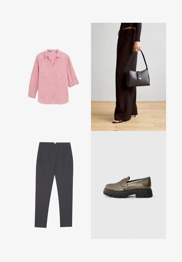 Crvena karirana košulja dugih rukava s ovratnikom na dugme, dva prednja džepa i smotanim rukavima, izrađena od laganog materijala.; Tamno sivi tapered hlače s bočnim džepovima i prednjim nabora, izrađene za prilagođeni kroj.; Metalne maslinasto zelene kožne mokasine s zaobljenim vrhom, crnom masivnom gumom potplatom i minimalnim šavnim detaljima na gornjem dijelu.; Crna torba s oblikom koji sadrži strukturu, glađu teksturu i metalnu kopču. Uparena s širokim crnim hlačama i sandalama na otvorenom s drvenog poda.