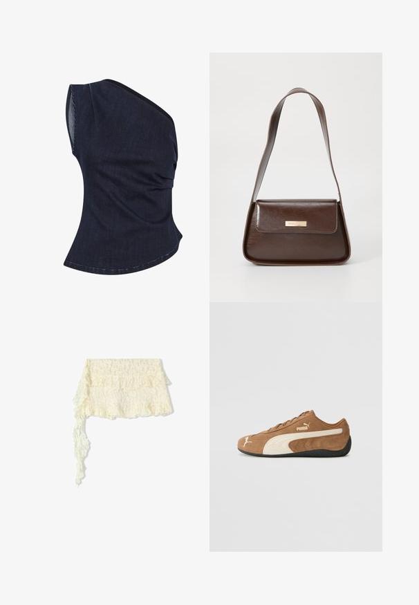 Temna denim bluza z enostranskim dizajnom, ki ima nabran tekstur in ukrivljen rob. Tkanina ima subtilen lesk in strukturiran kroj.; Čipkast plašč v slonokošni barvi z nabranimi robovi; vsebuje zapletene cvetlične vzorce; nežno se preliva z dolgim, vlečenim koncem.; Rjave zamšaste nizke teniske s kremastimi poudarki, teksturirano površino, črnim gumijastim podplatom in izvezenim logotipom na strani in jeziku.; Rjava usnjena torba za ramo z urejeno obliko, ki ima magnetno zapiranje na pokrovu in kovinski logotip na sprednji strani.