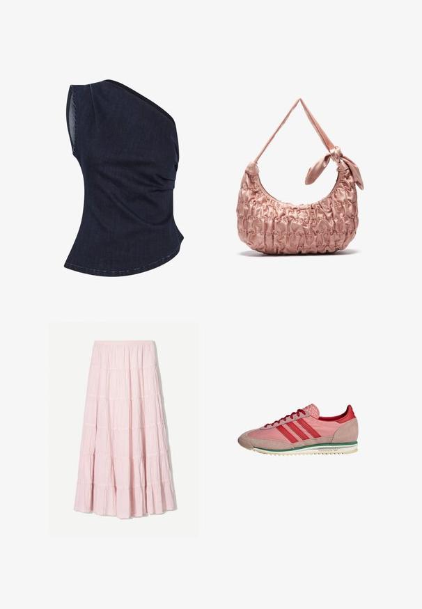 Sötét farmer póló, egy vállas dizájn, ráncolt textúrával és ívelt alsó résszel. Az anyag diszkrét fényességű és strukturált fazonú.; Világos rózsaszín, réteges maxi szoknya struktúrált, könnyű anyagból. Rugalmas derékrész és lebegő szegély fodros részletekkel.; Rózsaszín és piros sportcipők, amelyek bőr és velúr anyagokból készültek, három csíkkal díszítve, texturált nyelvvel és zöld csíkozású talppal.; Rózsaszín selyem válltáska, gyűrött textúrával, ívelt formával és csomós pánttal. Simaságával és varrott díszítéseivel tűnik ki.