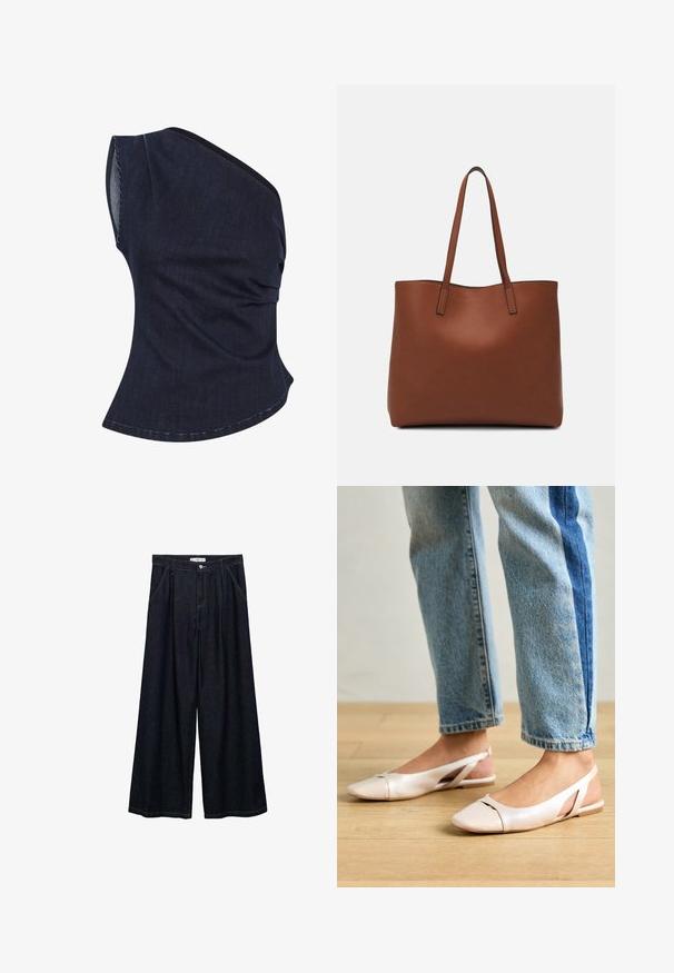 Top de denim oscuro con diseño de un solo hombro, que presenta una textura fruncida y un dobladillo curvado. La tela tiene un brillo sutil y un ajuste estructurado.; Pantalones de mezclilla oscuros de pierna ancha con una cintura alta, que cuentan con un cierre de botón en la parte delantera, dos bolsillos laterales y detalles de costura.; Bailarinas de color rosa pálido con tiras traseras y punta puntiaguda, fabricadas con un material similar al cuero suave. Presentan detalles recortados en los laterales y un tacón plano.; Bolso tote de cuero marrón con una textura suave, diseño de apertura superior y dos correas para el hombro. Presenta una costura mínima y sin herrajes visibles.