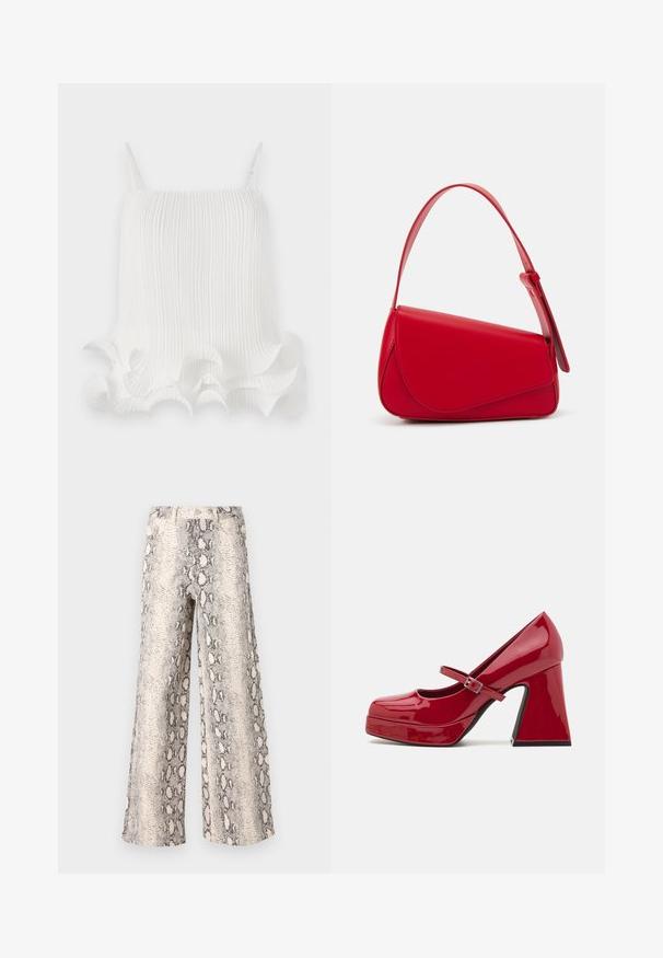 White pleated top with adjustable straps, featuring a wavy ruffled hem and a smooth texture. Lightweight fabric with vertical lines.; Wide-leg pants in a snake print pattern, featuring a cream and gray color scheme, made from textured fabric with a high-waisted design.; Red patent leather Mary Jane high heel shoe with a round toe, platform front, buckle strap, and a sculpted block heel.; Red leather handbag with an angular, geometric design. Features a single adjustable strap and a flap closure with stitched detailing.