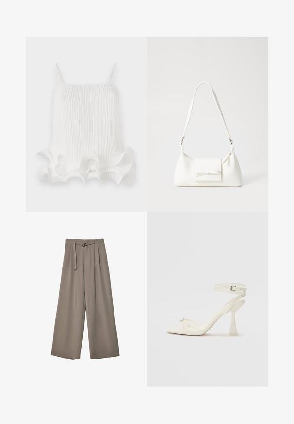 Top bianco a pieghe con spalline regolabili, dotato di un orlo ondulato a volant e una texture liscia. Tessuto leggero con righe verticali.; Pantaloni a gamba larga in un morbido tessuto grigio tenue, con vita con cintura e pieghe per un tocco di design aggiuntivo. Texture liscia, senza motivi.; Sandalo con tacco alto e fasce in pelle bianca, dal design elegante, con un tacco a blocco trasparente e un elemento decorativo sulla punta.; Borsa sintetica bianca a forma triangolare, con patta anteriore piatta e dettaglio a fiocco, tracolla regolabile, texture liscia e design minimalista.