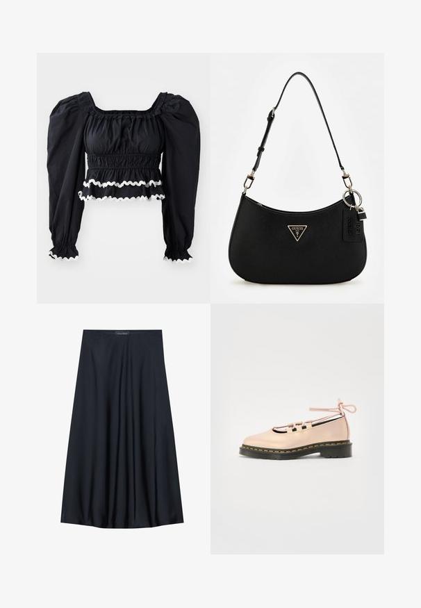 Melnā īsā blūze ar pūkainām piedurknēm, smocked vidukli un baltu viļņotu apdari pa apakšmalu un piedurknēm. Izgatavota no viegla auduma.; Melna, uz ceļa garuma svārku izgatavota no viegla auduma ar plūstošu dizainu. Ir gluda tekstūra un smalkas krokas papildu detaļām.; Bālgana rožaina ādas kurpe ar noapaļotu purngalu, izšūšanu ar auklām un melnu platformu, kuru akcentē dzeltena šuve.; Melnā sintētiskā pleca soma ar izliekta siluetu, struktūras apdari, zelta trīsstūra logotipu un atdalāmiem aksesuāriem.; Zelta tonis taisnstūra rokas pulkstenis ar balto ciparnīcu, sudraba tonis stundu rādītājiem un izturīgu metāla saiti. Iekļauta ūdens izturība.