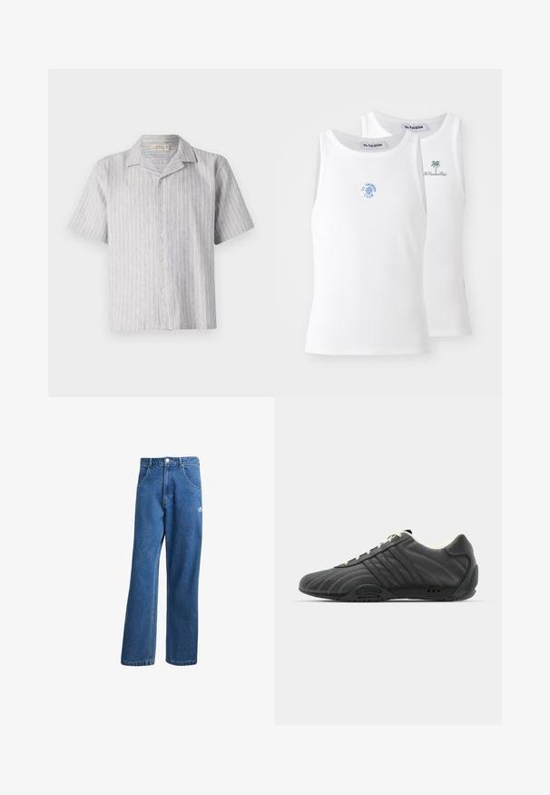 Short-sleeve button-up shirt in light blue and white striped linen. Features a classic collar and a straight hem, with five buttons down the front.; Two white tank tops, ribbed texture, featuring blue and green embroidered logos. One has a sun design, the other a palm tree.; Blue high-waist wide-leg denim jeans with front pockets, belt loops, button closure, and small Adidas logo on the right thigh.; adidas Originals ADIRACER UNISEX - Trainers - core black/cream white