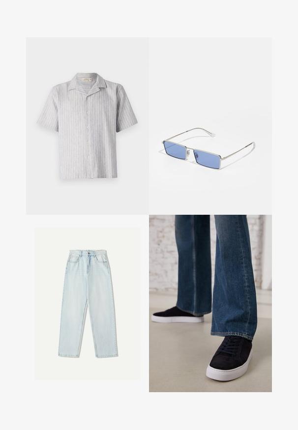 Kurzärmliges Hemd mit Knopfleiste aus leichtem, blau-weiß gestreiftem Leinen. Verfügt über einen klassischen Kragen und einen geraden Saum, mit fünf Knöpfen auf der Vorderseite.; Helle blaue Denim-Jeans mit lässiger Passform, geradem Beindesign, Fünf-Taschen-Stil und dezentem Verblassen des Stoffes.; Dunkelblaue Wildleder-Sneaker mit einer weißen Gummisohle und Schnürsenkeln, kombiniert mit weit geschnittenen Jeans in einem mittelblauen Waschung.; Metallsonnenbrille mit rechteckiger Form, blauen getönten Gläsern und silbernem Rahmen. Verfügt über Nasenpolster und dünne, gerade Bügel.