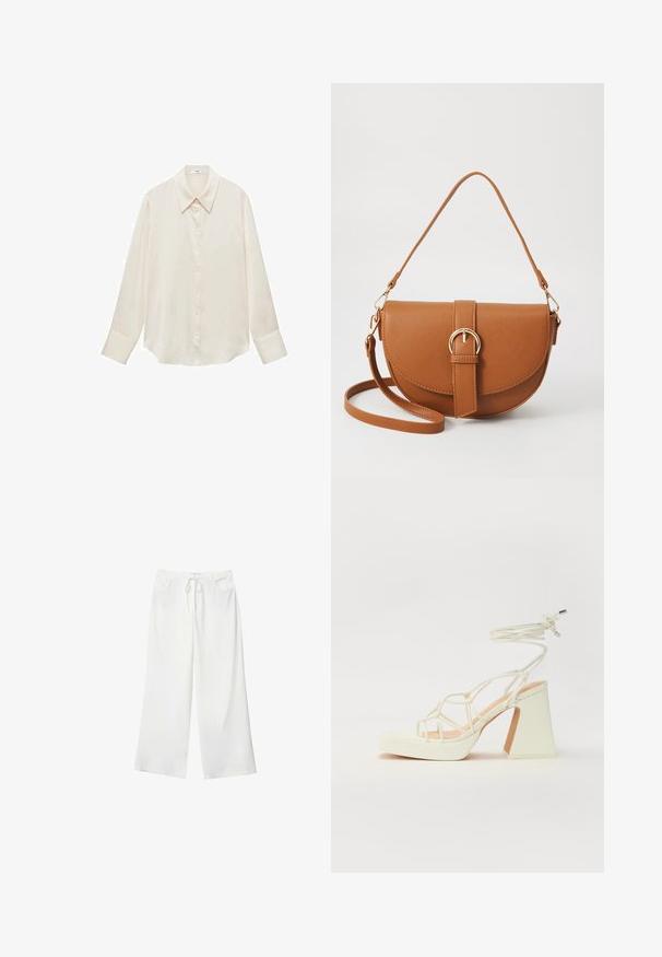 Mango IDEALE mleczny; Białe spodnie szerokie z miękkiego materiału, z elastycznym pasem i dwoma przednimi kieszeniami. Gładka tekstura i brak widocznych wzorów.; Biała sandał na wysokim obcasie z masywnym słupkiem, z paskowym wzorem i wiązaniem przy kostce. Gładka faktura z platformą z przodu dla dodatkowej wysokości.; Brązowa skórzana torba na ramię o zaokrąglonym kształcie, ze złotymi akcentami i zapięciem w formie klamry. Posiada odpinany pasek na ramię.