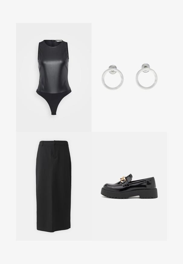 Črna brezrokavna bodi iz sijočega materiala, z visokim ovratnikom, polnim hrbtom in dizajnom s tangami za eleganten silhueto.; Črna svila krila, dolžine do kolen, izdelana iz gladkega blaga. Ima razporek na hrbtu in stranske žepke, enostaven dizajn in nevtralno barvo.; Črni lakirani usnjeni loafers s debelim črnim podplatom in zlato kovinsko opremo. Gladka tekstura in zasnova zaokroženega nosu.; Srebrni kovinski obročasti uhani z brušenjem, s krožno obliko in prozornim zatičem za varno nošenje.